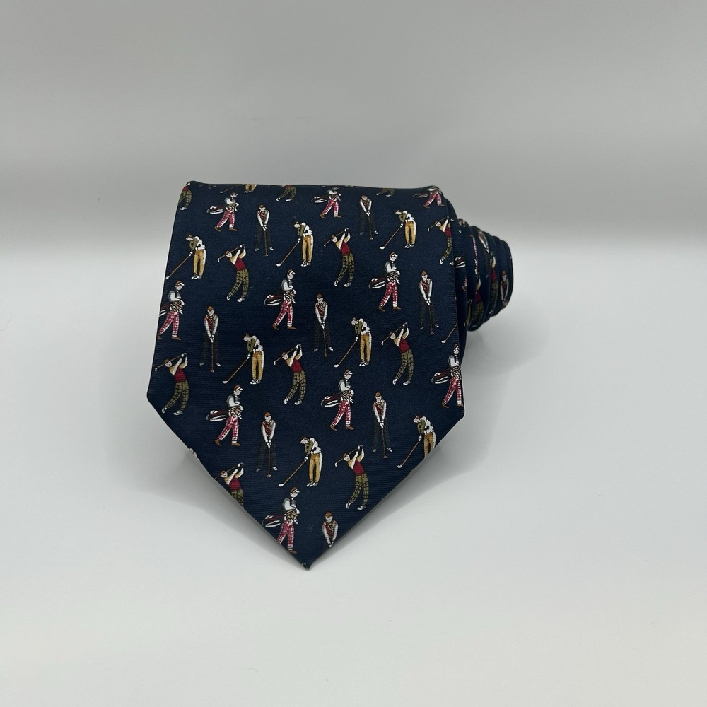 Museum Artifacts 100% Silk Handmade Blue Necktie Vintage Golfer Pattern‎